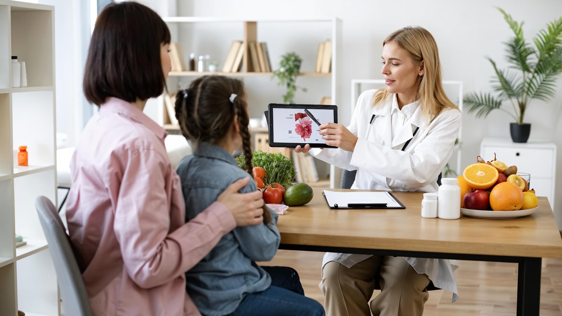 Nutrition consultant reviewing a care plan with a family